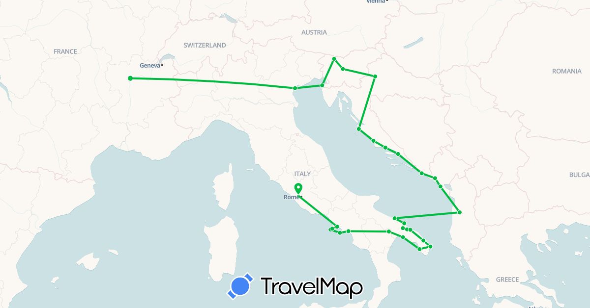 TravelMap itinerary: driving, bus in Albania, France, Croatia, Italy, Montenegro, Slovenia (Europe)